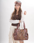 Leopard Print Shoulder Bag with Multiple Zip Pockets