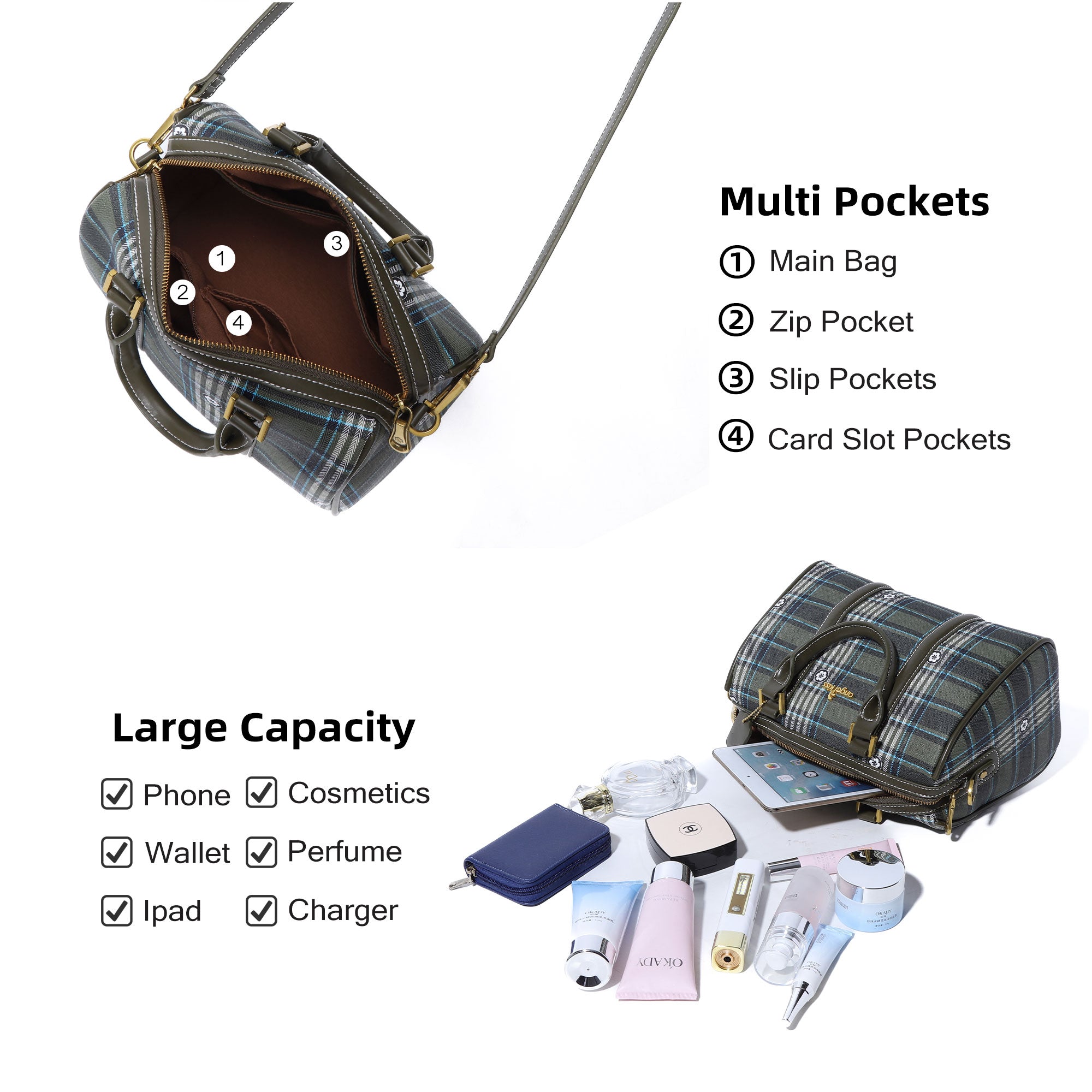 Women's washed pu leather, plaid handbag/crossbody bag-Angelkiss Bag