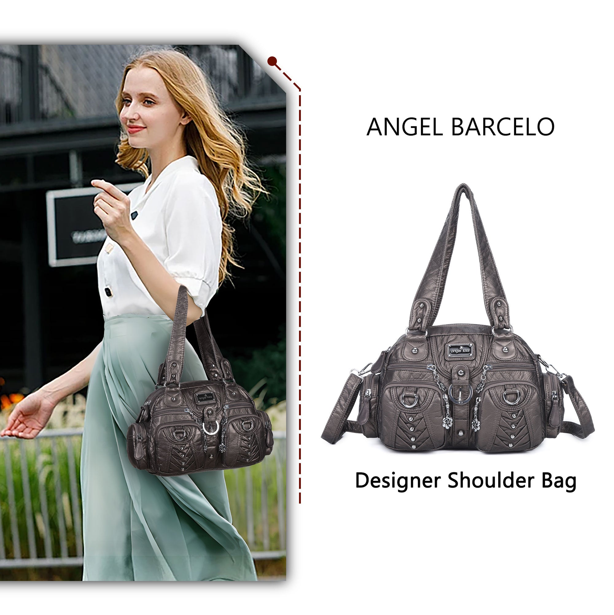 Washed Desigher Handbag For Women with Multi pockets-Angelkiss Bag