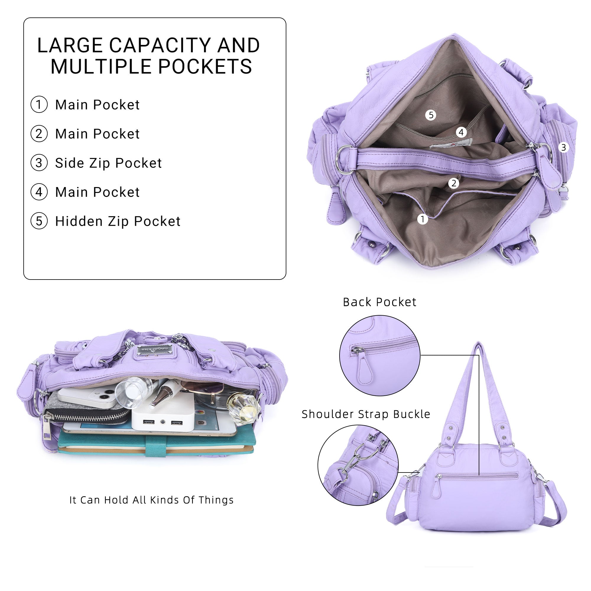 Washed Desigher Handbag For Women with Multi pockets-Angelkiss Bag