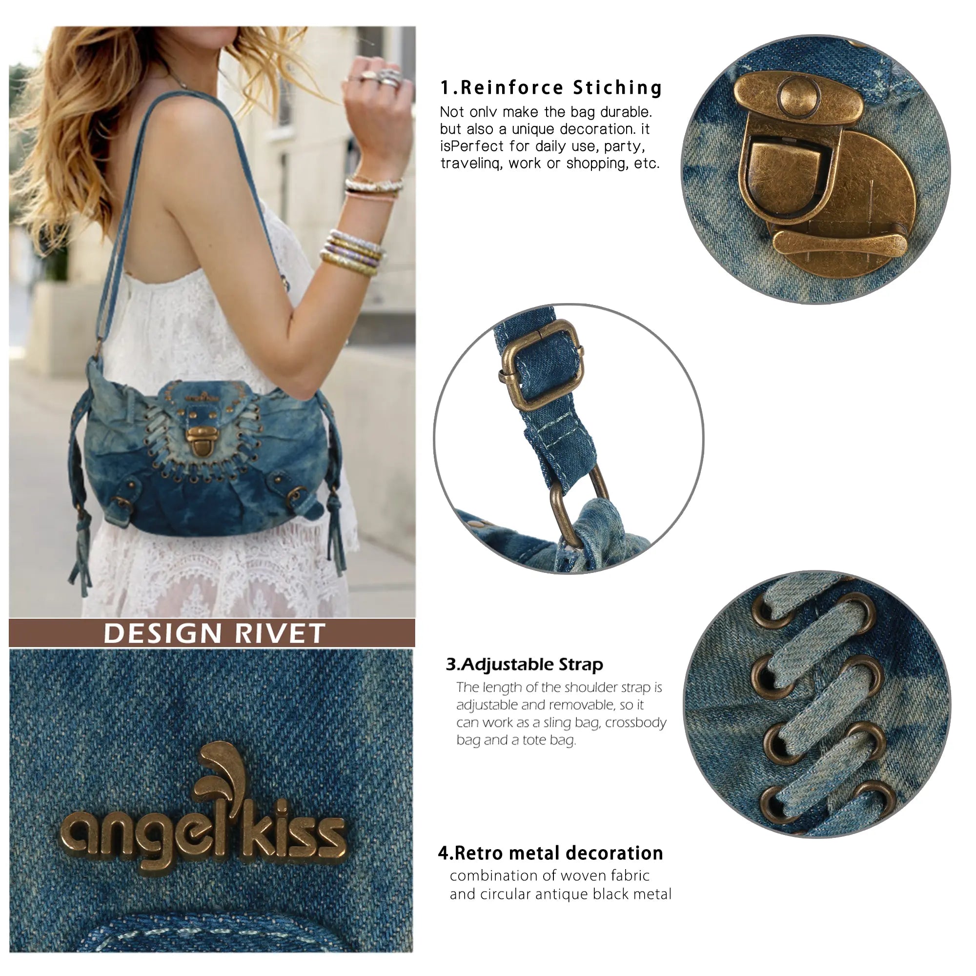 Vintage Boho Shoulder Bag – Washed Denim Purse for Free-Spirited Women