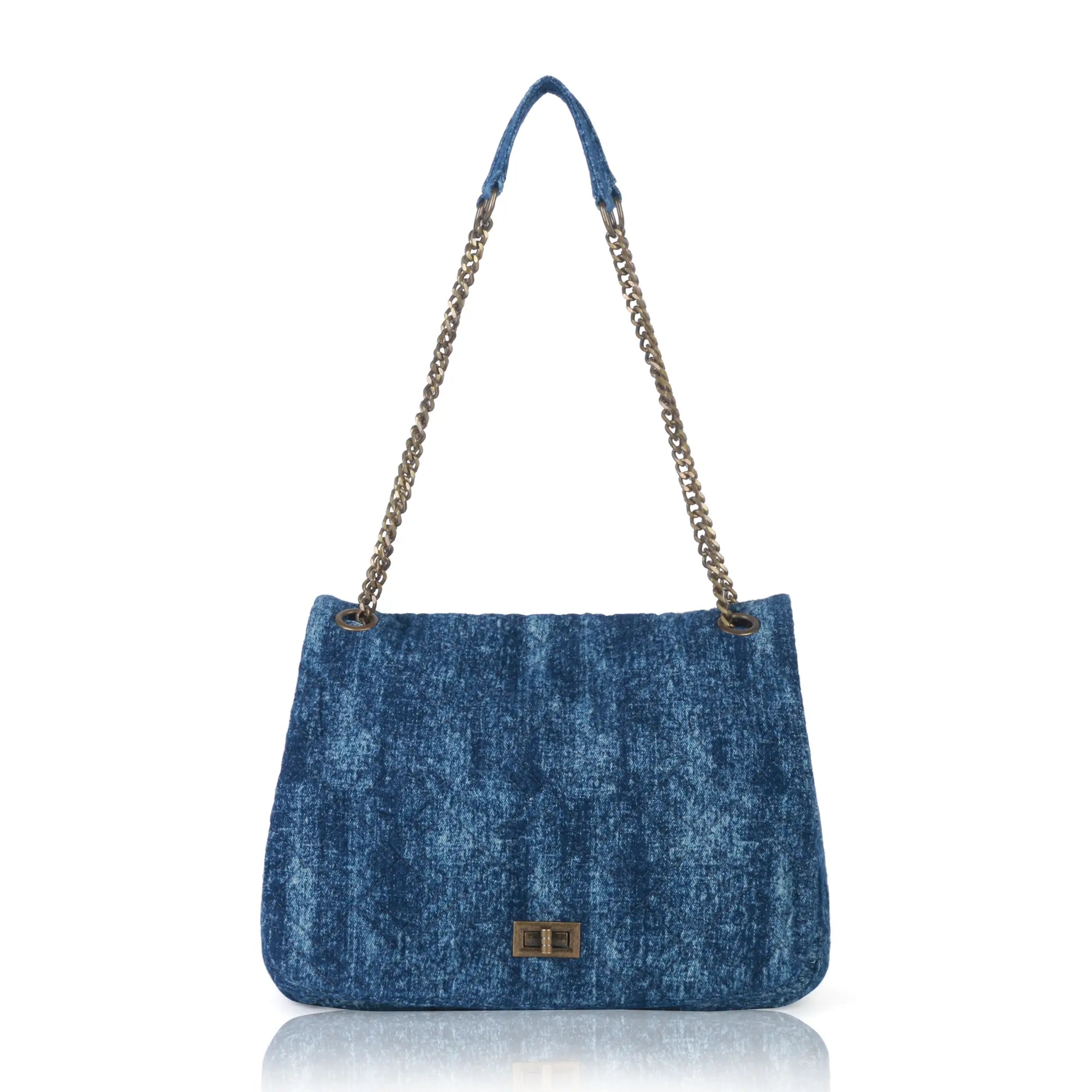 Washed Denim Flap Shoulder Bag โ Vintage Chain Tote with Turn-Lock Closure