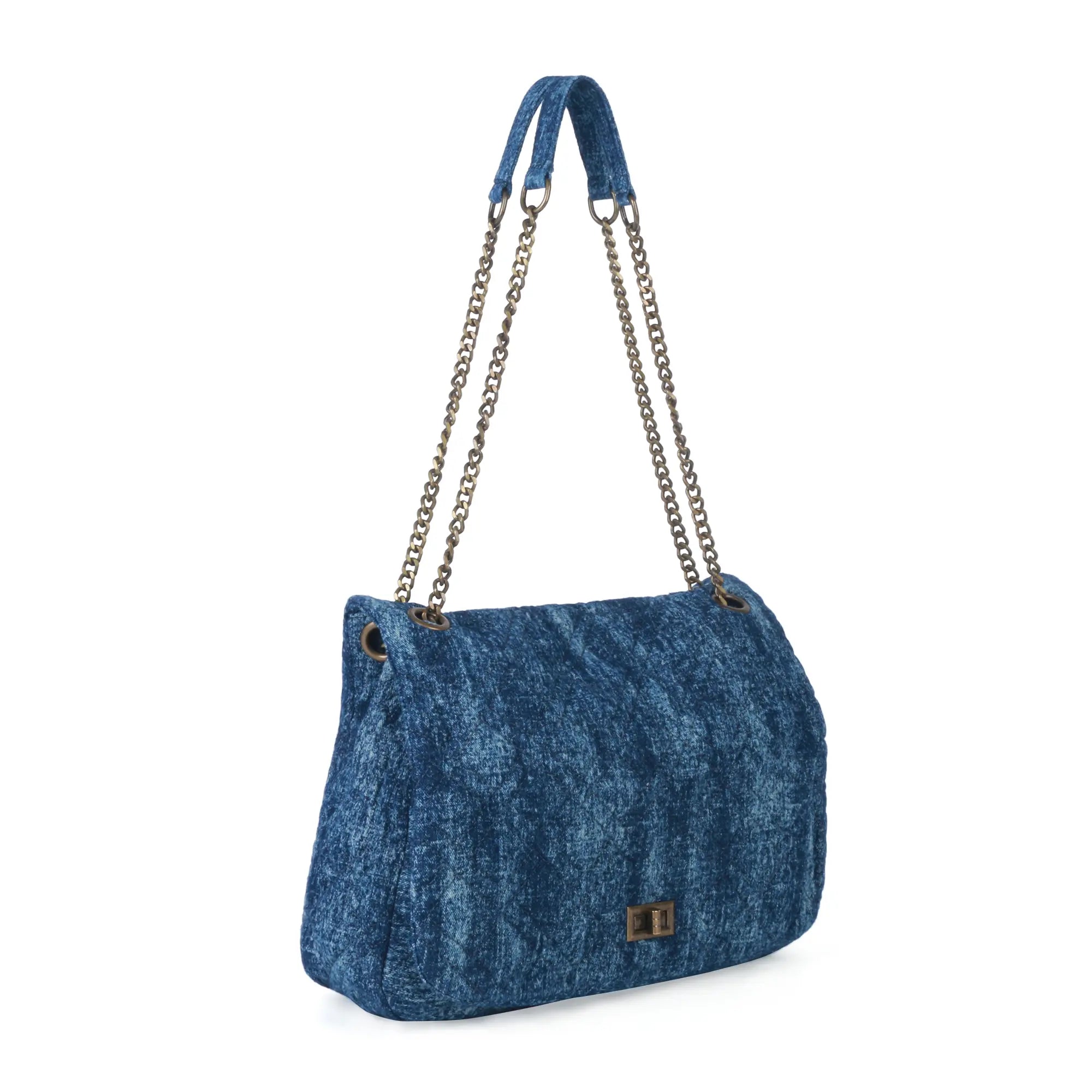 Washed Denim Flap Shoulder Bag โ Vintage Chain Tote with Turn-Lock Closure