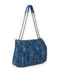 Washed Denim Flap Shoulder Bag – Vintage Chain Tote with Turn-Lock Closure