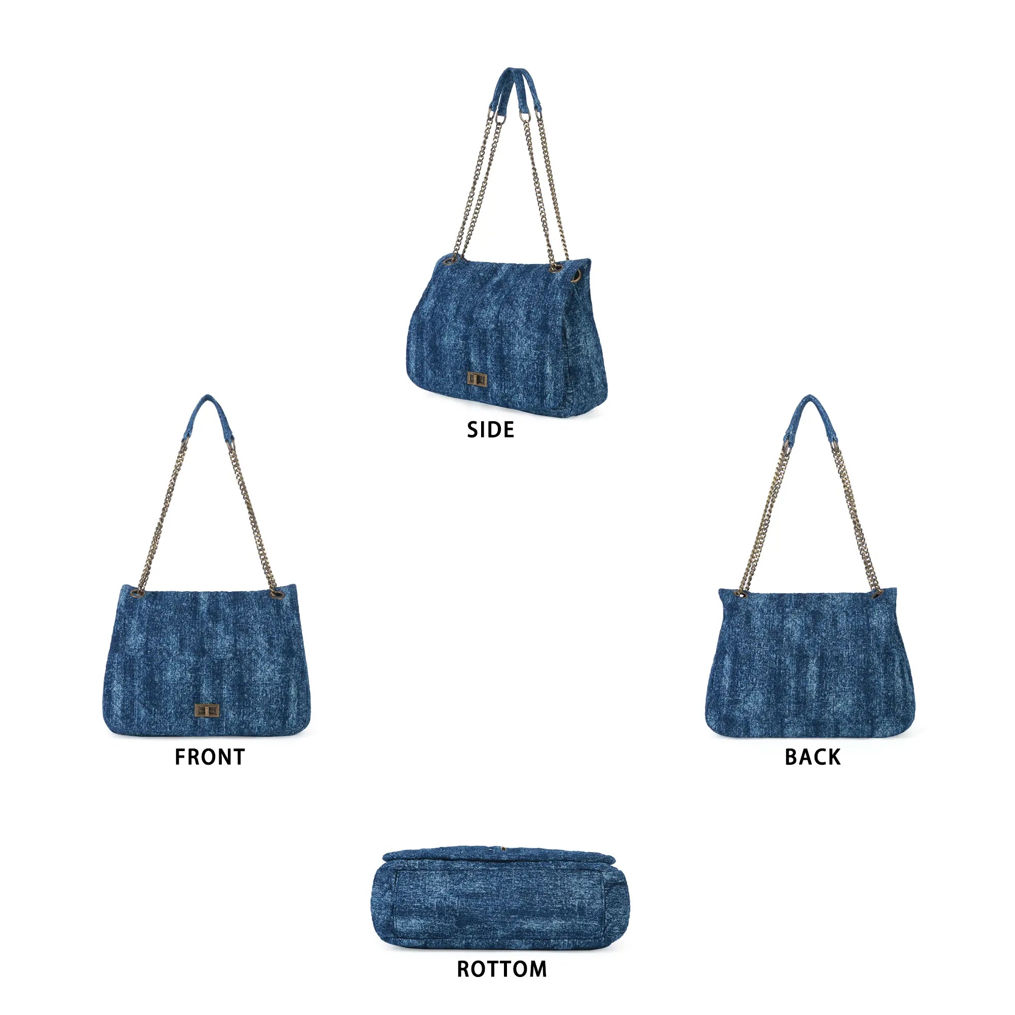 Washed Denim Flap Shoulder Bag โ Vintage Chain Tote with Turn-Lock Closure