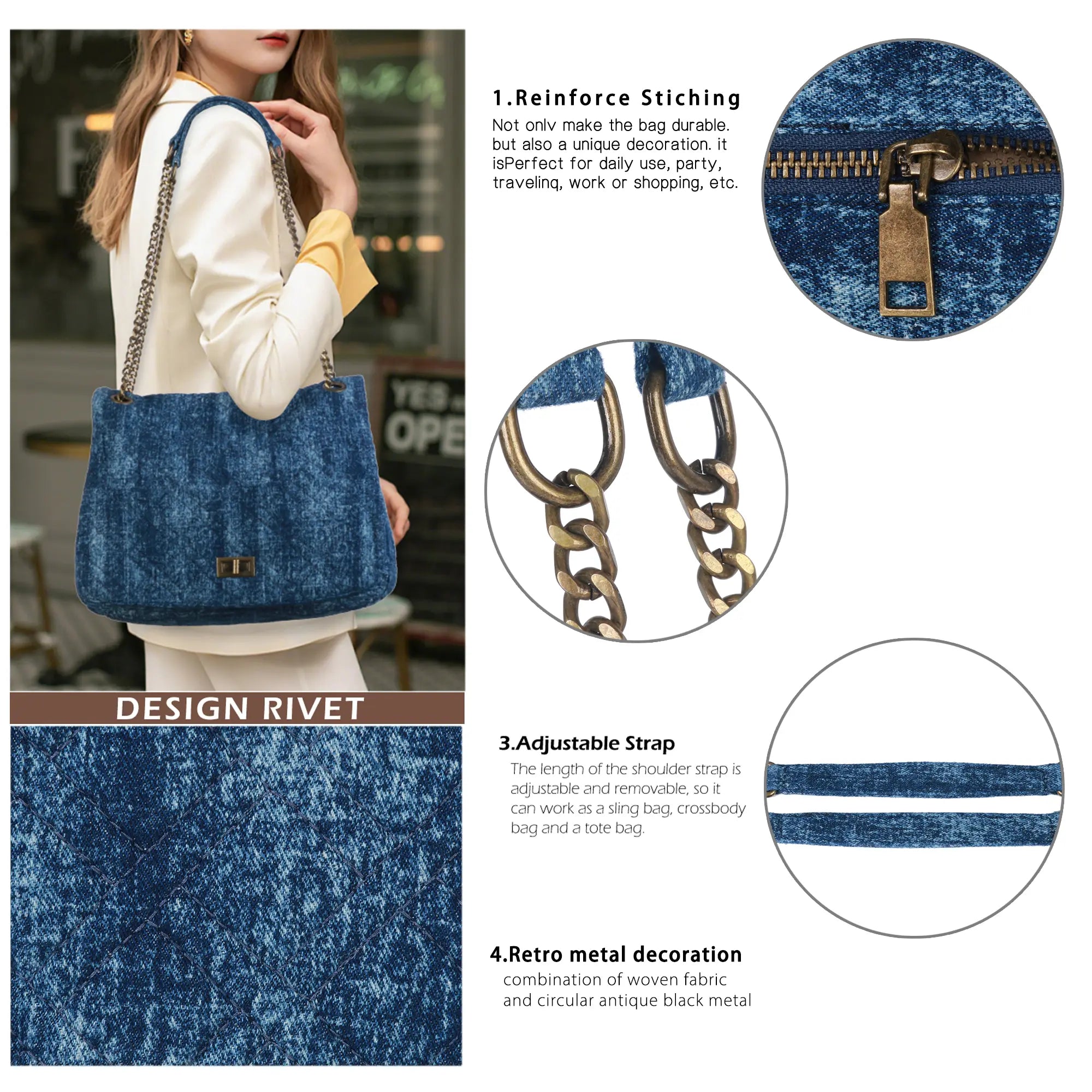 Washed Denim Flap Shoulder Bag โ Vintage Chain Tote with Turn-Lock Closure