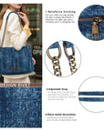 Washed Denim Flap Shoulder Bag – Vintage Chain Tote with Turn-Lock Closure