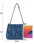 Washed Denim Flap Shoulder Bag – Vintage Chain Tote with Turn-Lock Closure