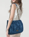 Washed Denim Flap Shoulder Bag – Vintage Chain Tote with Turn-Lock Closure