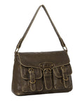 Vintage Washed Flap Shoulder Bag with Front Pockets