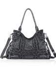 Large Washed Denim Studded Shoulder Crossbody Bag