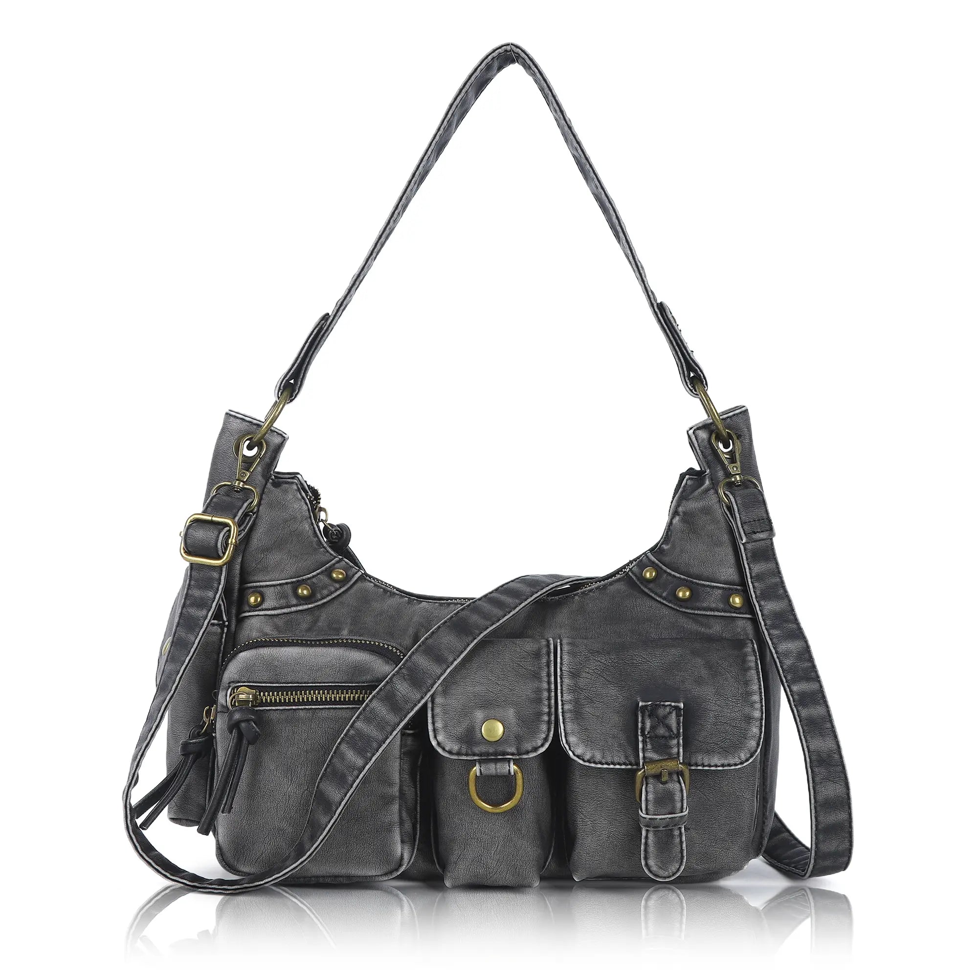 Vintage-Inspired Vegan Leather Shoulder Bag with Multi-Pocket Design