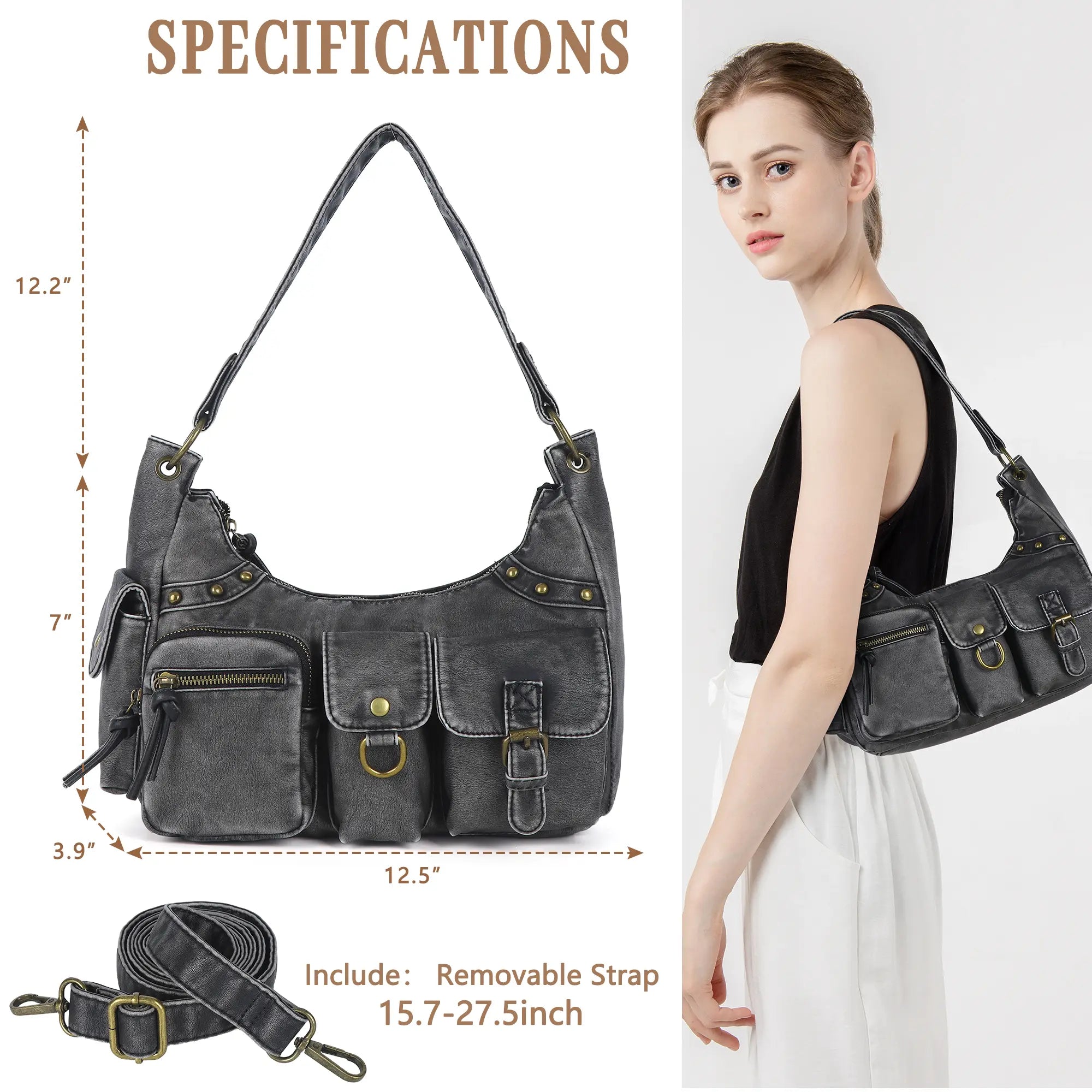 Vintage-Inspired Vegan Leather Shoulder Bag with Multi-Pocket Design