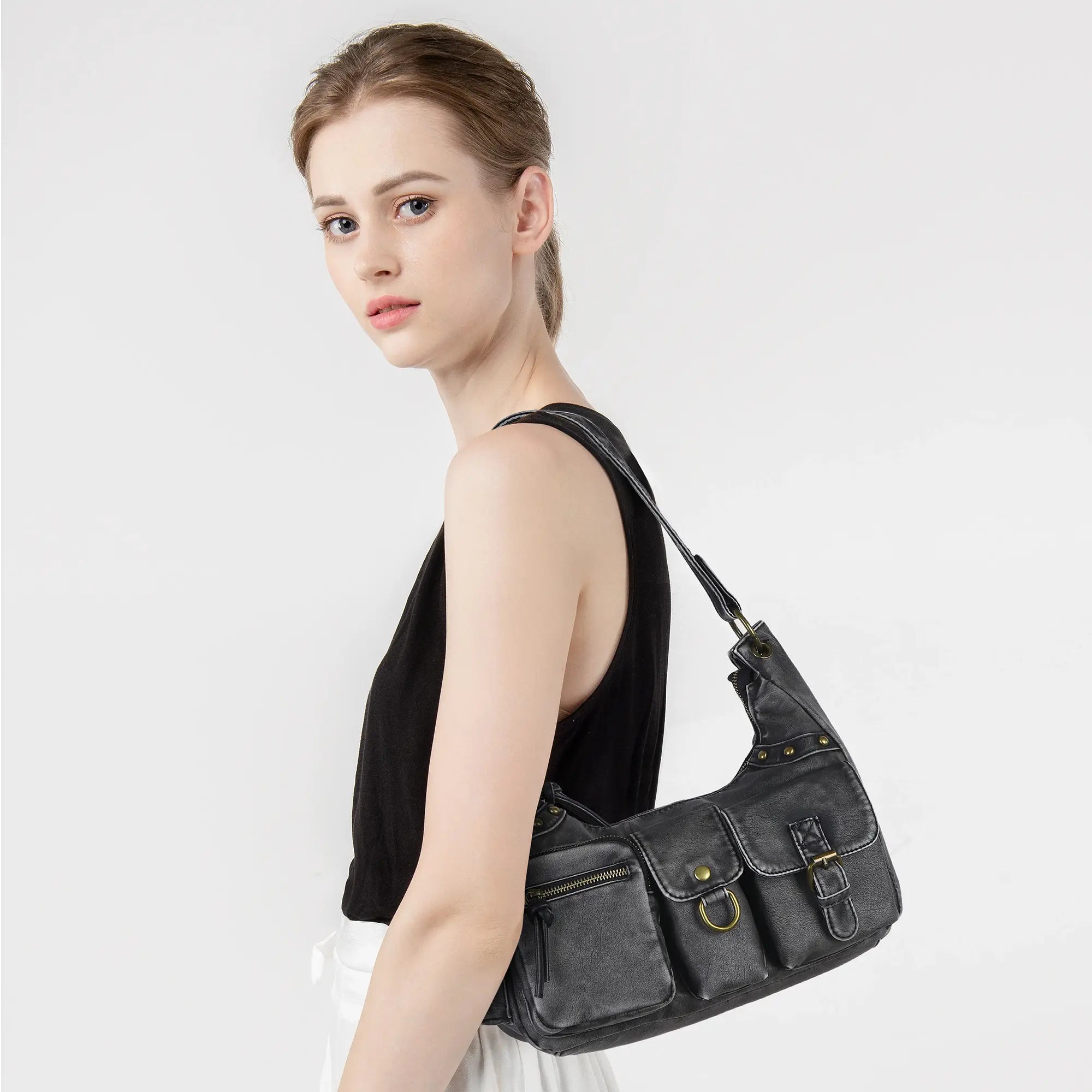 Vintage-Inspired Vegan Leather Shoulder Bag with Multi-Pocket Design