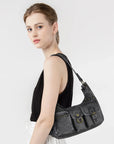 Vintage-Inspired Vegan Leather Shoulder Bag with Multi-Pocket Design