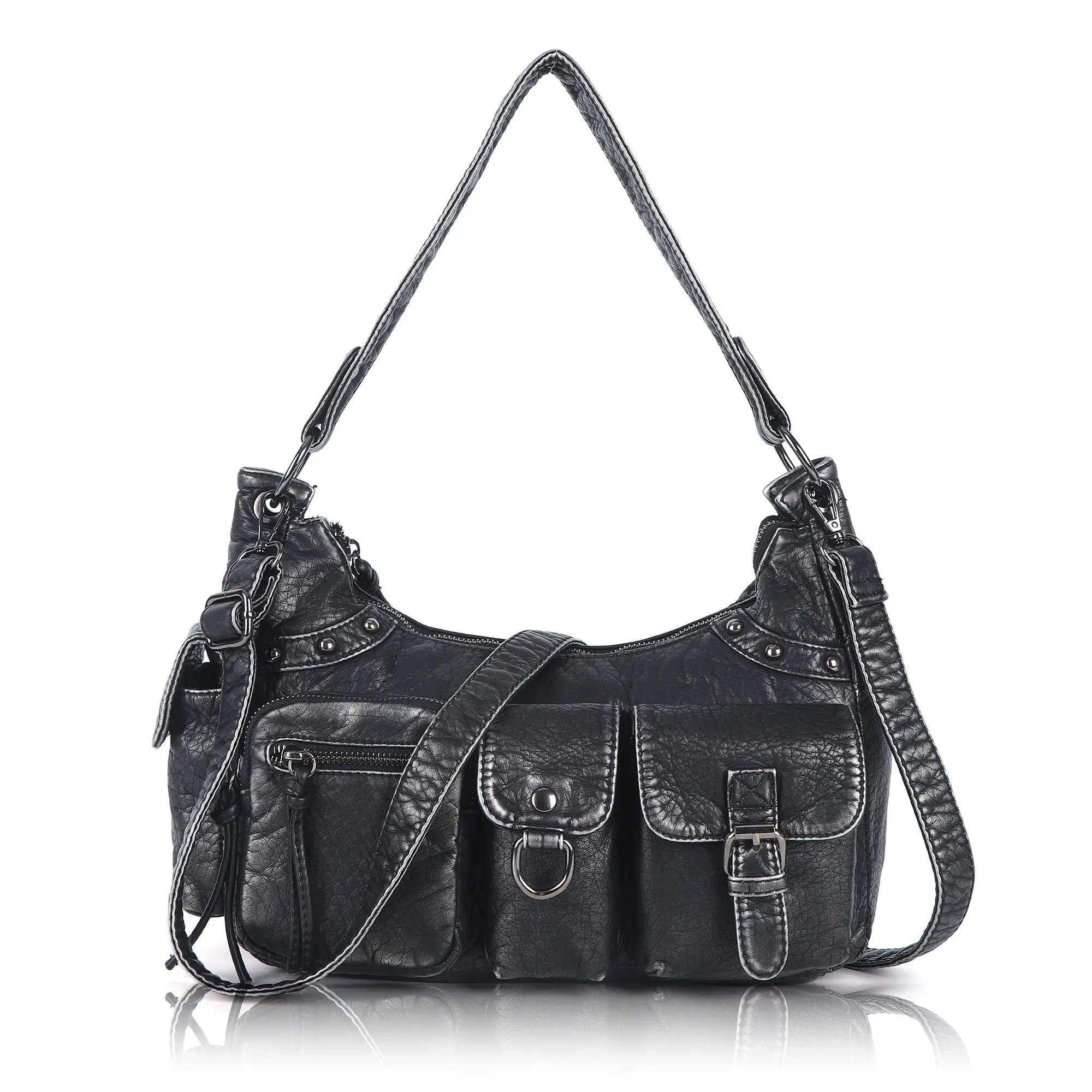 Vintage-Inspired Vegan Leather Shoulder Bag with Multi-Pocket Design