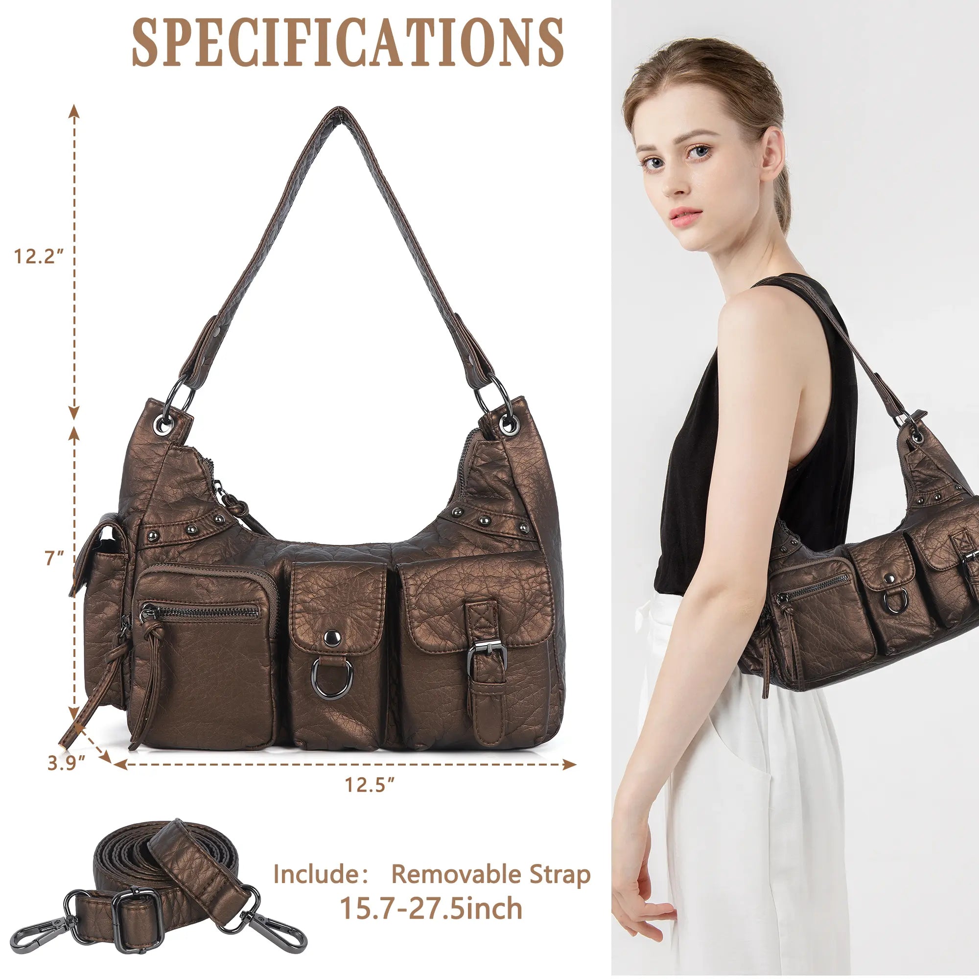 Vintage-Inspired Vegan Leather Shoulder Bag with Multi-Pocket Design