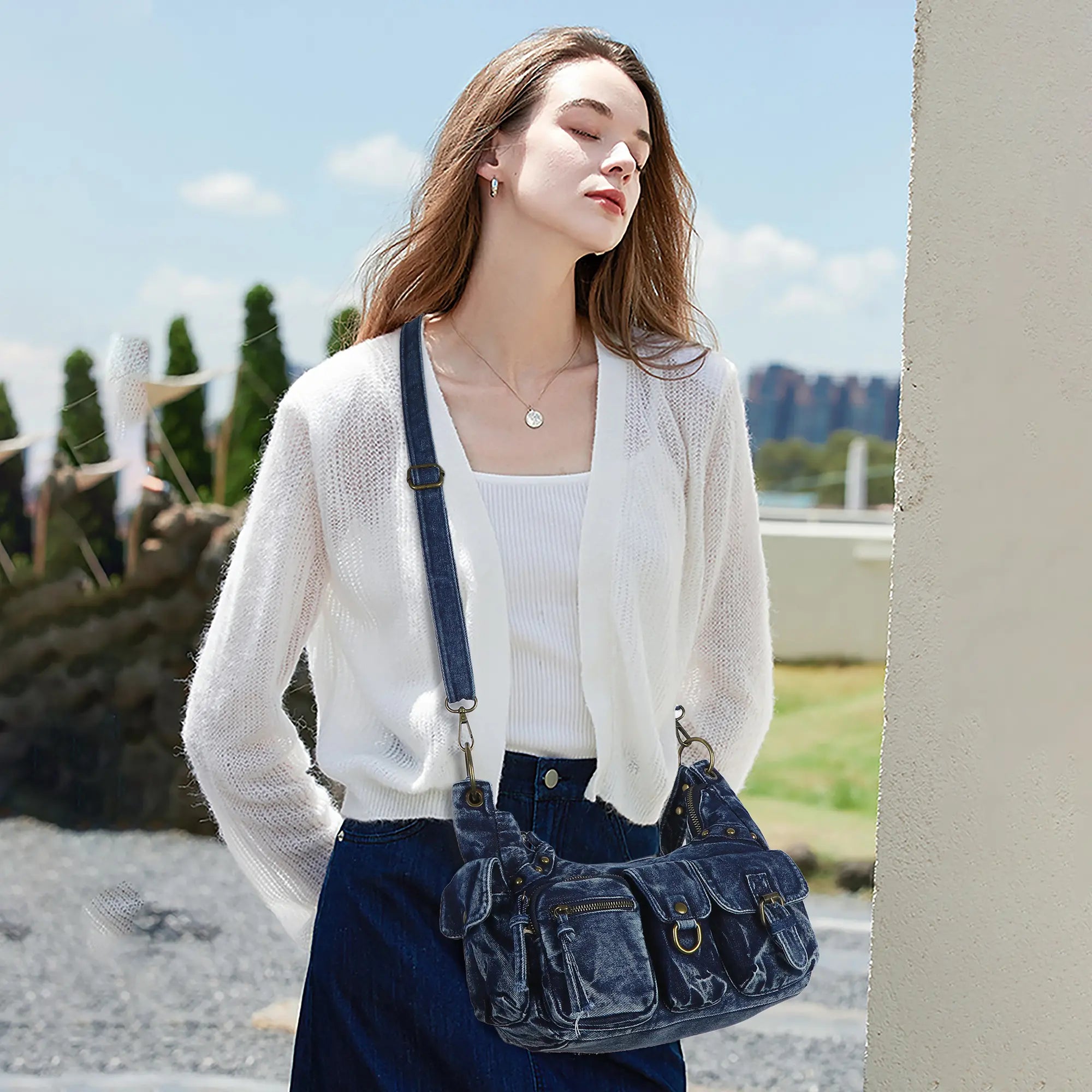 Vintage-Inspired Vegan Leather Shoulder Bag with Multi-Pocket Design