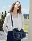 Vintage-Inspired Vegan Leather Shoulder Bag with Multi-Pocket Design