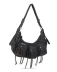 Trendy Washed Burgundy Shoulder Bag – Tassel Accent Women’s Hobo Vintage Style Purse