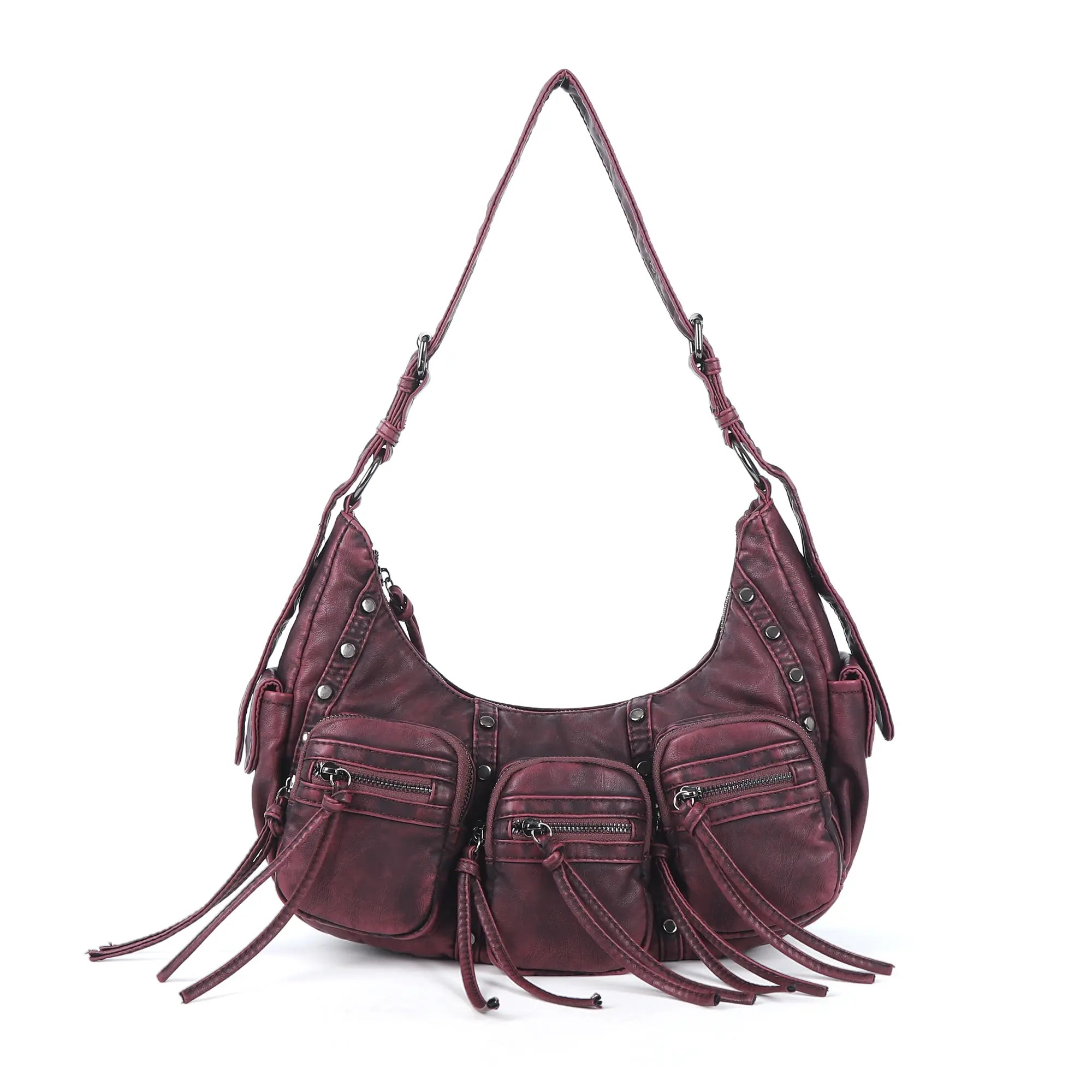 Trendy Washed Burgundy Shoulder Bag – Tassel Accent Women’s Hobo Vintage Style Purse