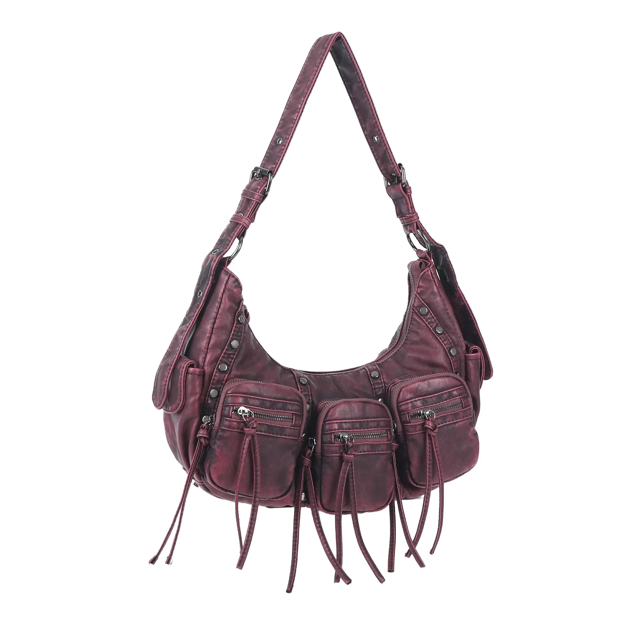 Trendy Washed Burgundy Shoulder Bag – Tassel Accent Women’s Hobo Vintage Style Purse