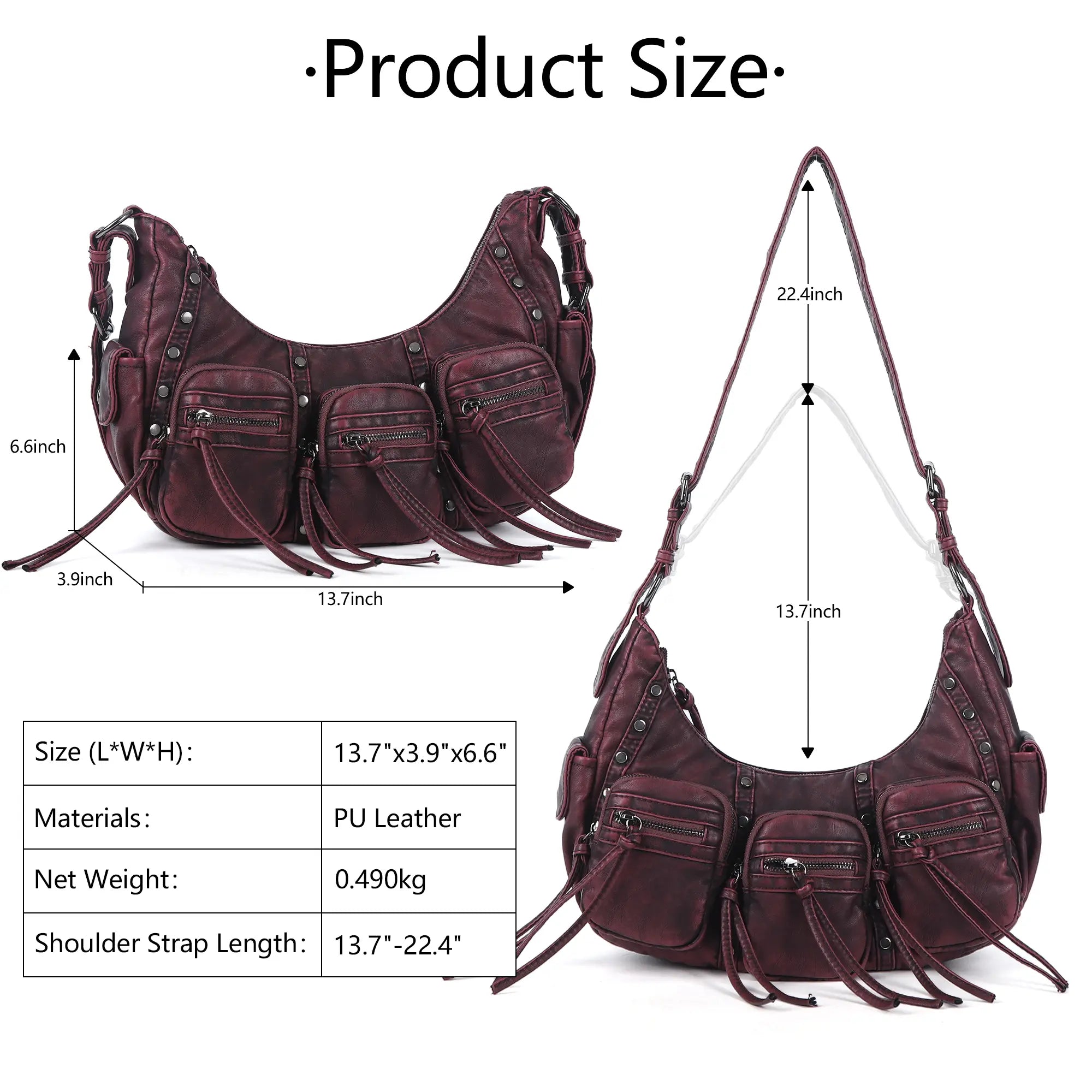 Trendy Washed Burgundy Shoulder Bag – Tassel Accent Women’s Hobo Vintage Style Purse