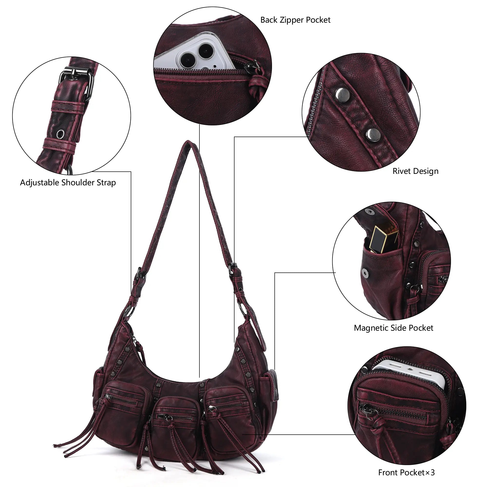 Trendy Washed Burgundy Shoulder Bag – Tassel Accent Women’s Hobo Vintage Style Purse