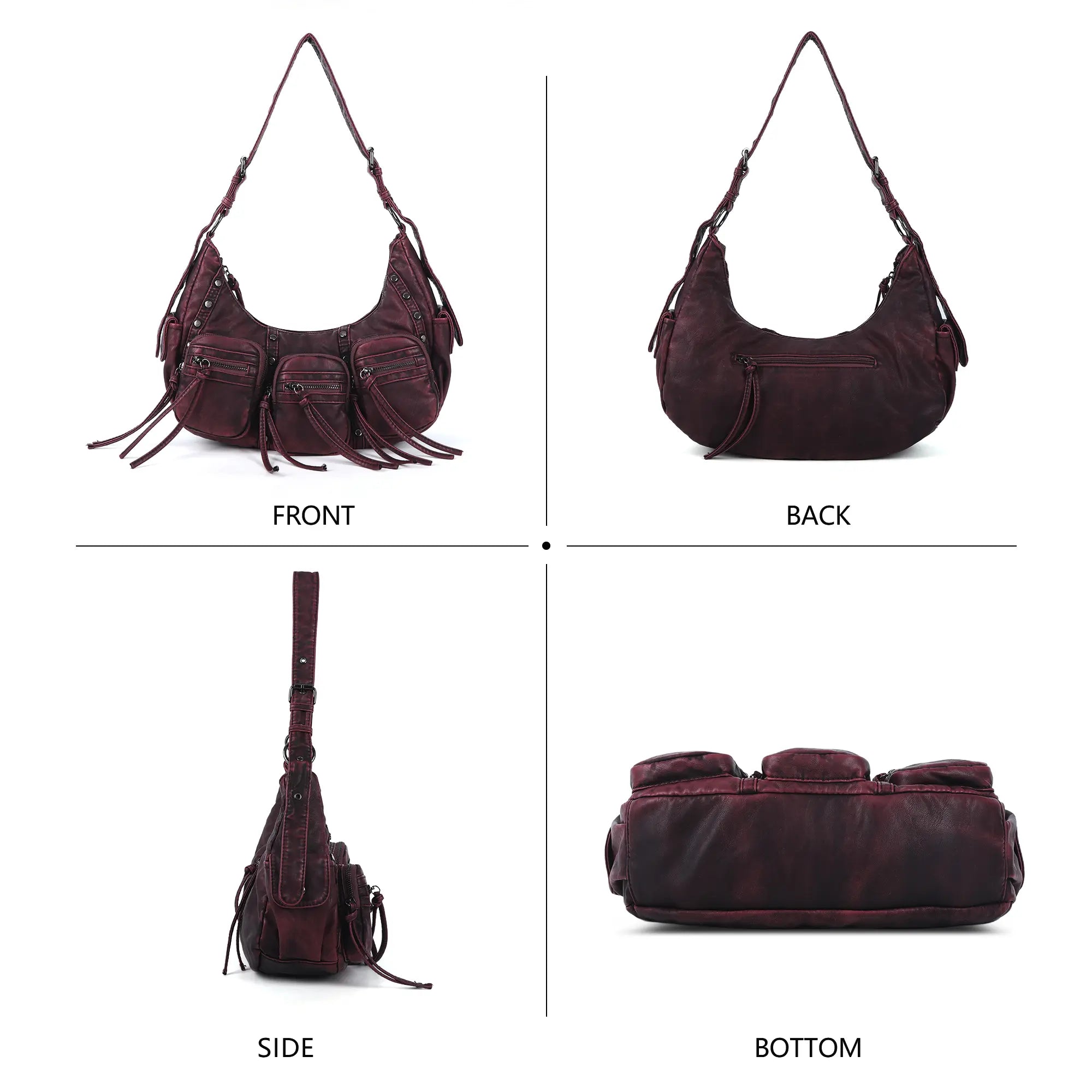 Trendy Washed Burgundy Shoulder Bag – Tassel Accent Women’s Hobo Vintage Style Purse