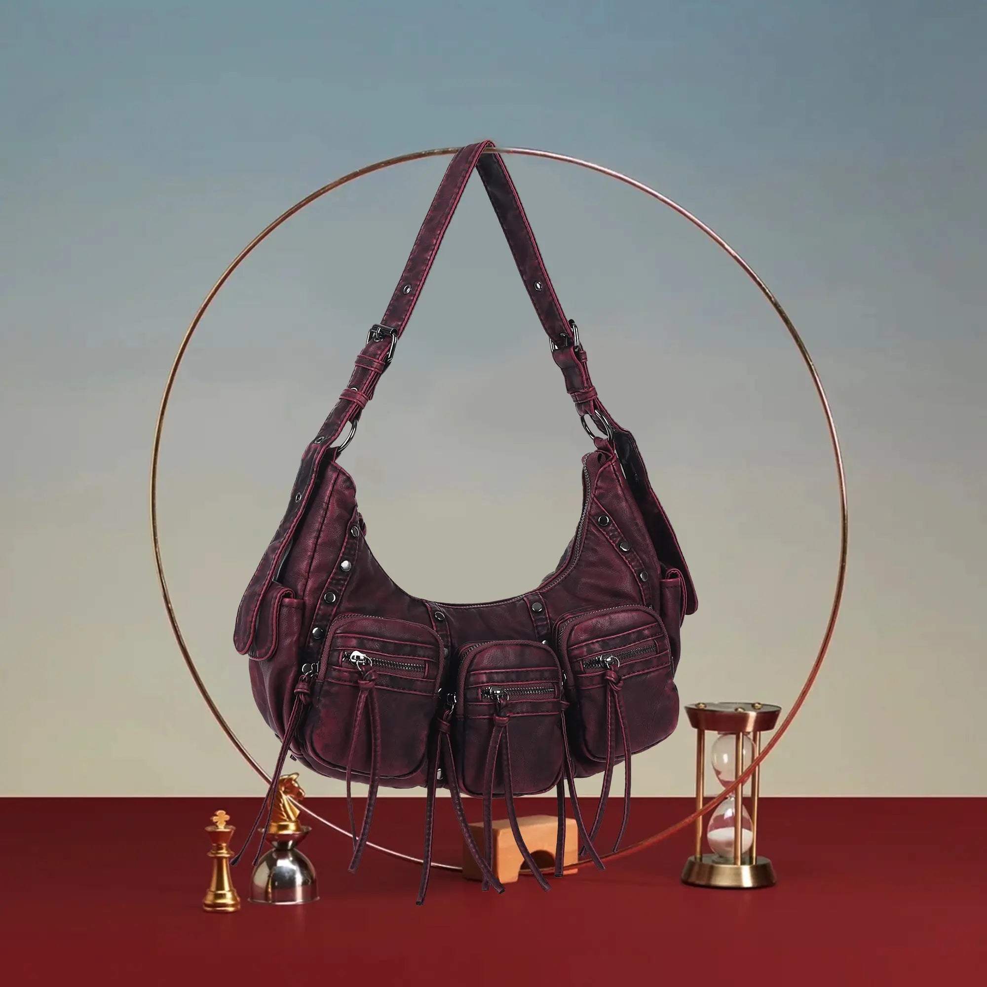 Trendy Washed Burgundy Shoulder Bag – Tassel Accent Women’s Hobo Vintage Style Purse