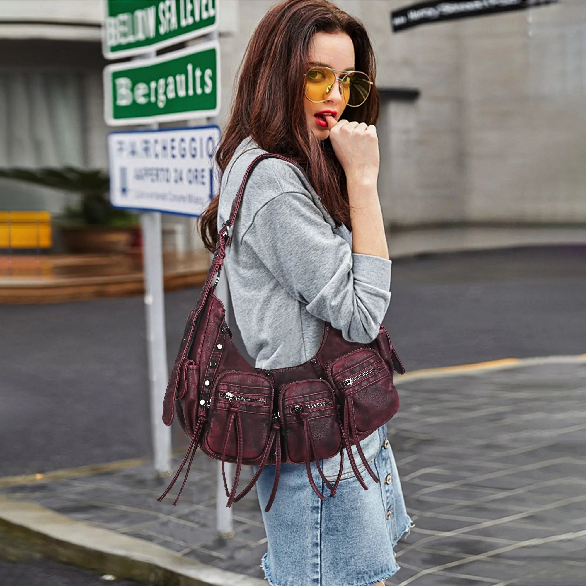 Trendy Washed Burgundy Shoulder Bag – Tassel Accent Women’s Hobo Vintage Style Purse