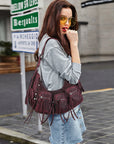 Trendy Washed Burgundy Shoulder Bag – Tassel Accent Women’s Hobo Vintage Style Purse