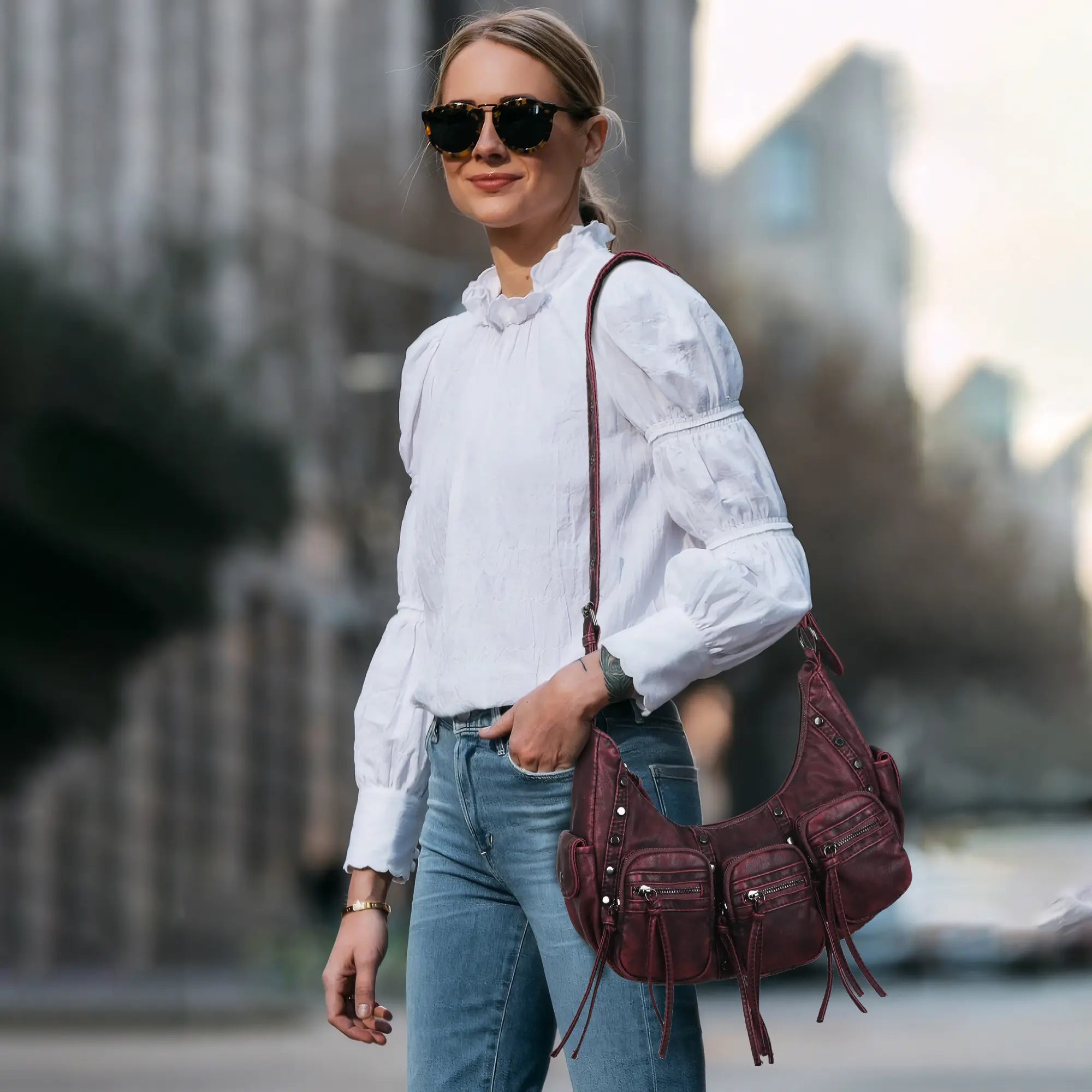 Trendy Washed Burgundy Shoulder Bag – Tassel Accent Women’s Hobo Vintage Style Purse