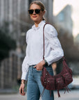 Trendy Washed Burgundy Shoulder Bag – Tassel Accent Women’s Hobo Vintage Style Purse