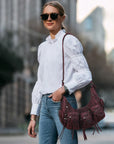Trendy Washed Burgundy Shoulder Bag – Tassel Accent Women’s Hobo Vintage Style Purse