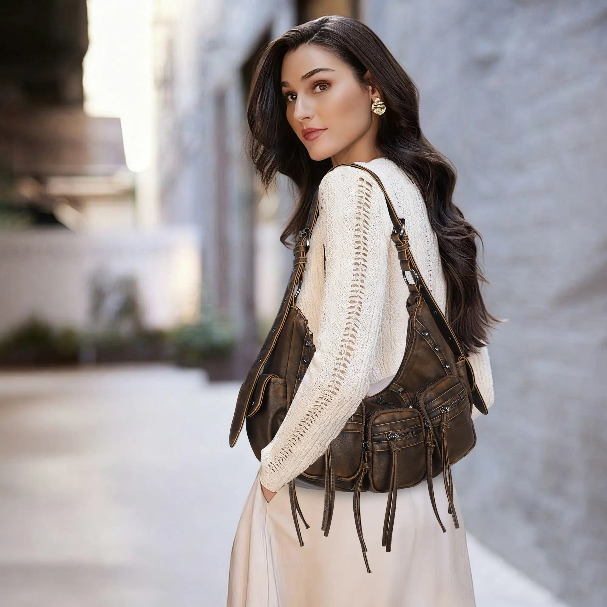 Trendy Washed Burgundy Shoulder Bag – Tassel Accent Women’s Hobo Vintage Style Purse