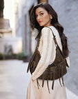 Trendy Washed Burgundy Shoulder Bag – Tassel Accent Women’s Hobo Vintage Style Purse