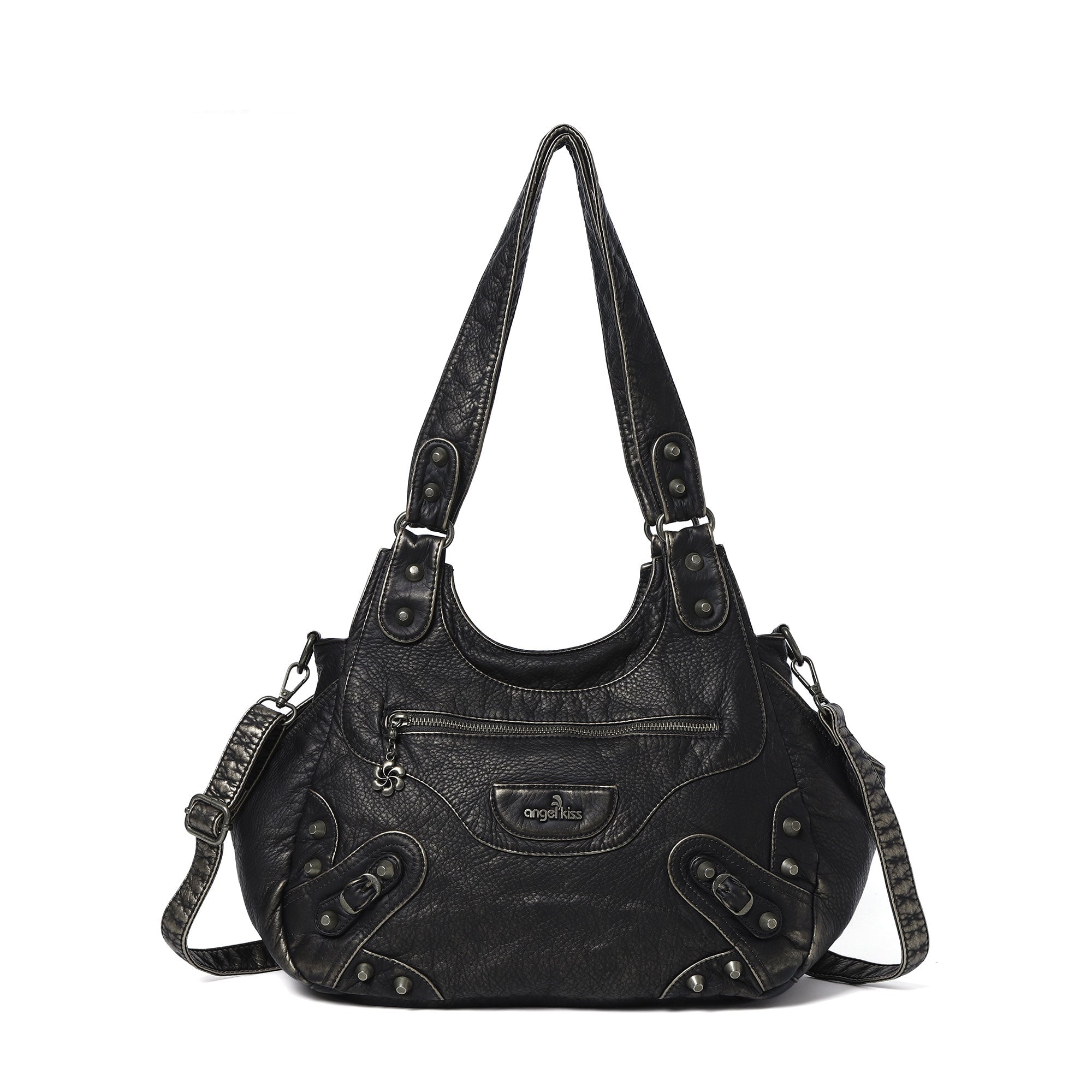 Minimalist Retro-Style Vegan Leather Bag with Stud Details and Large Capacity