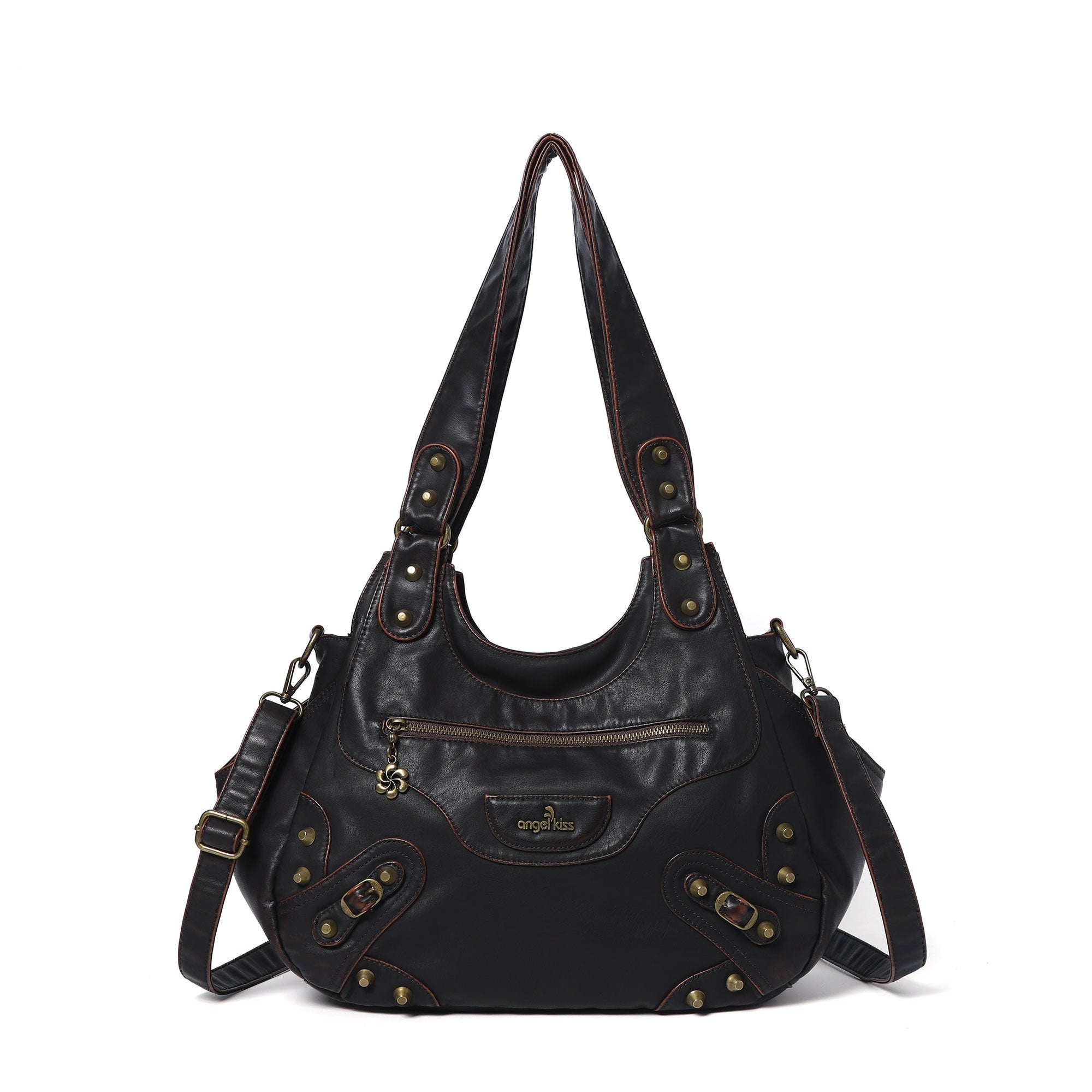 Minimalist Retro-Style Vegan Leather Bag with Stud Details and Large Capacity