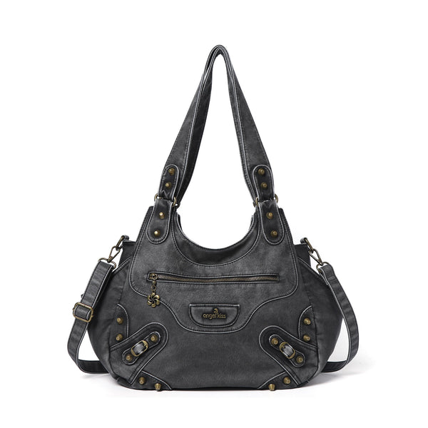 Minimalist Retro-Style Vegan Leather Bag with Stud Details and Large Capacity