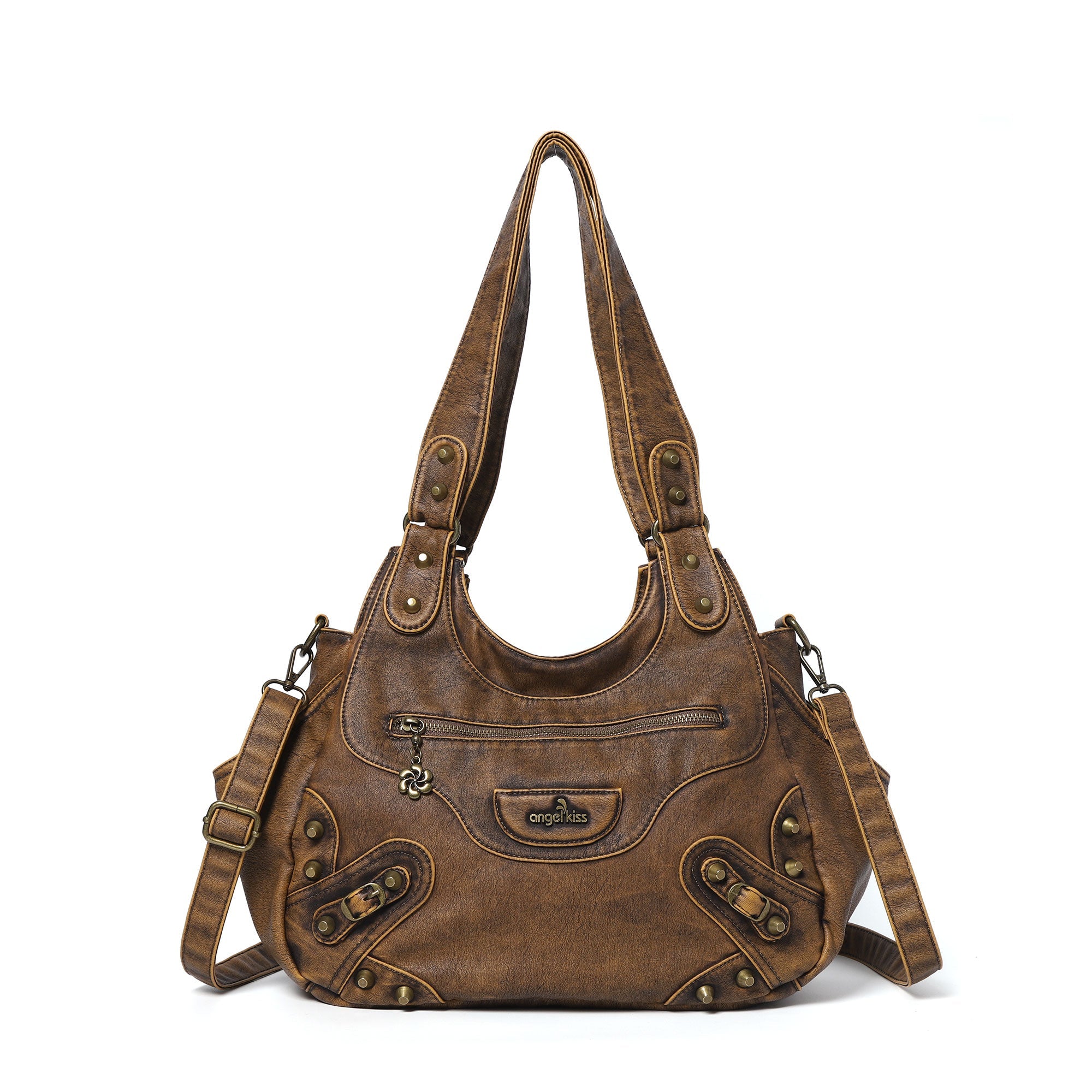 Minimalist Retro-Style Vegan Leather Bag with Stud Details and Large Capacity