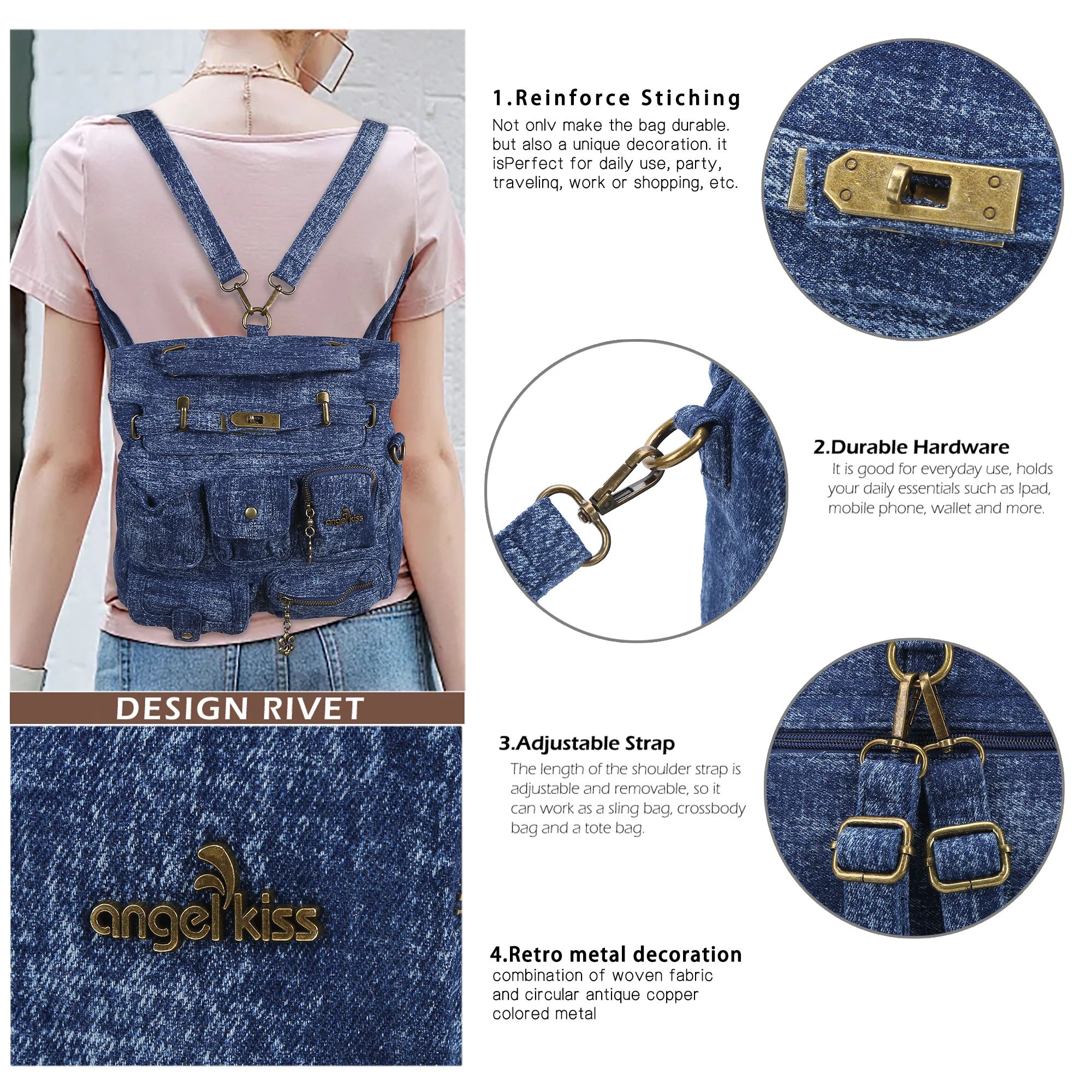 🎒 Angelkiss Denim Casual Backpack|Vintage Meets Function for Urban Women