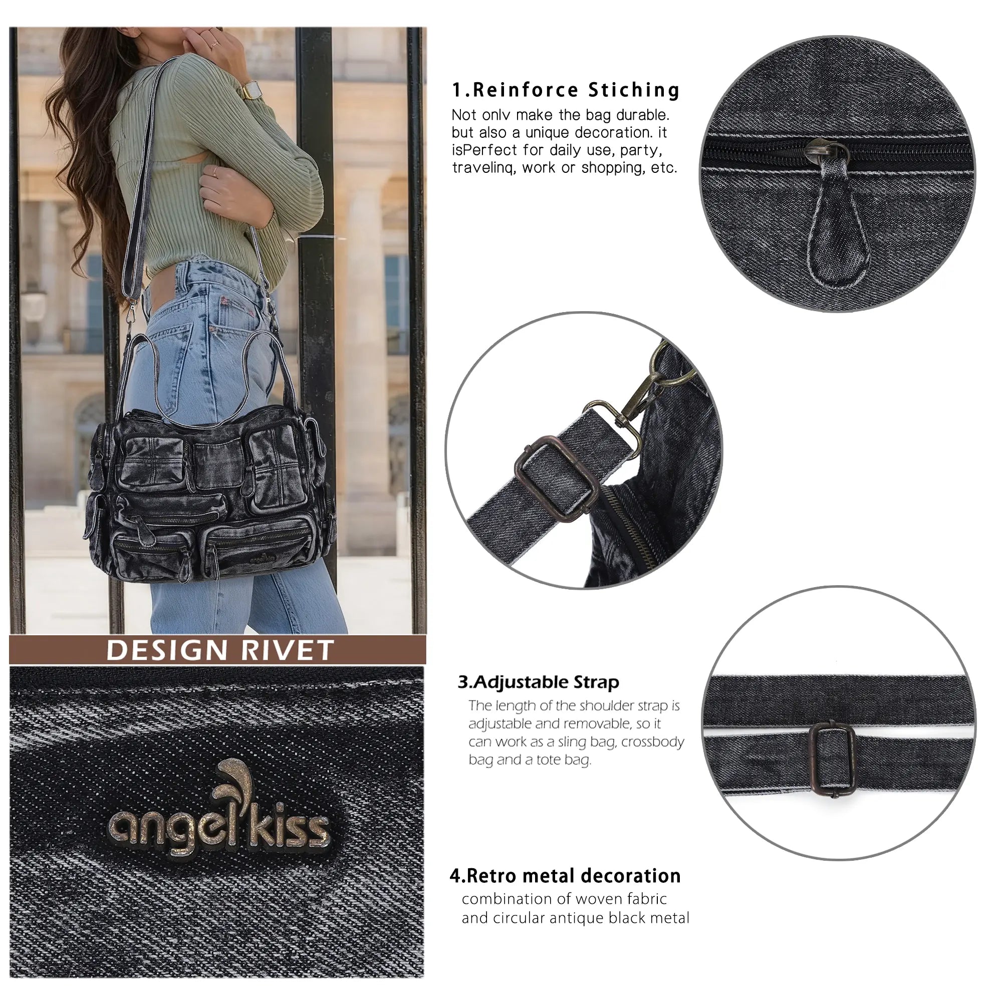 Trendy Multi-Pocket Denim Shoulder/handbag/tote bag