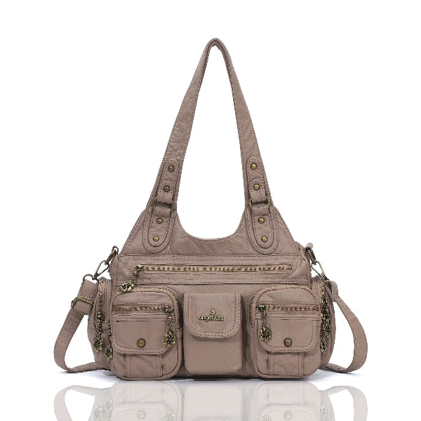 Vintage Bronze PU Leather Handbag – Multi-Pocket Shoulder Tote
