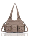 Vintage Bronze PU Leather Handbag – Multi-Pocket Shoulder Tote & Crossbody Bag