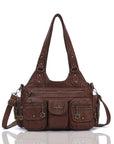 Vintage Bronze PU Leather Handbag – Multi-Pocket Shoulder Tote & Crossbody Bag