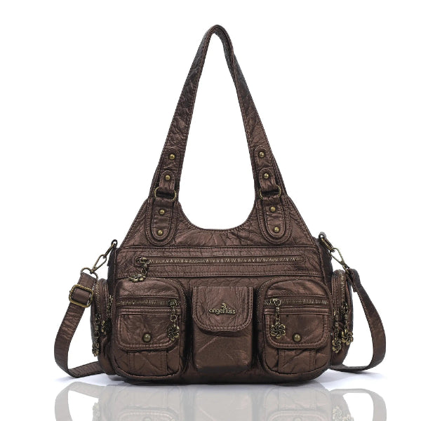 Vintage Bronze PU Leather Handbag – Multi-Pocket Shoulder Tote