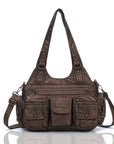 Vintage Bronze PU Leather Handbag – Multi-Pocket Shoulder Tote & Crossbody Bag