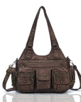 Vintage Bronze PU Leather Handbag – Multi-Pocket Shoulder Tote & Crossbody Bag
