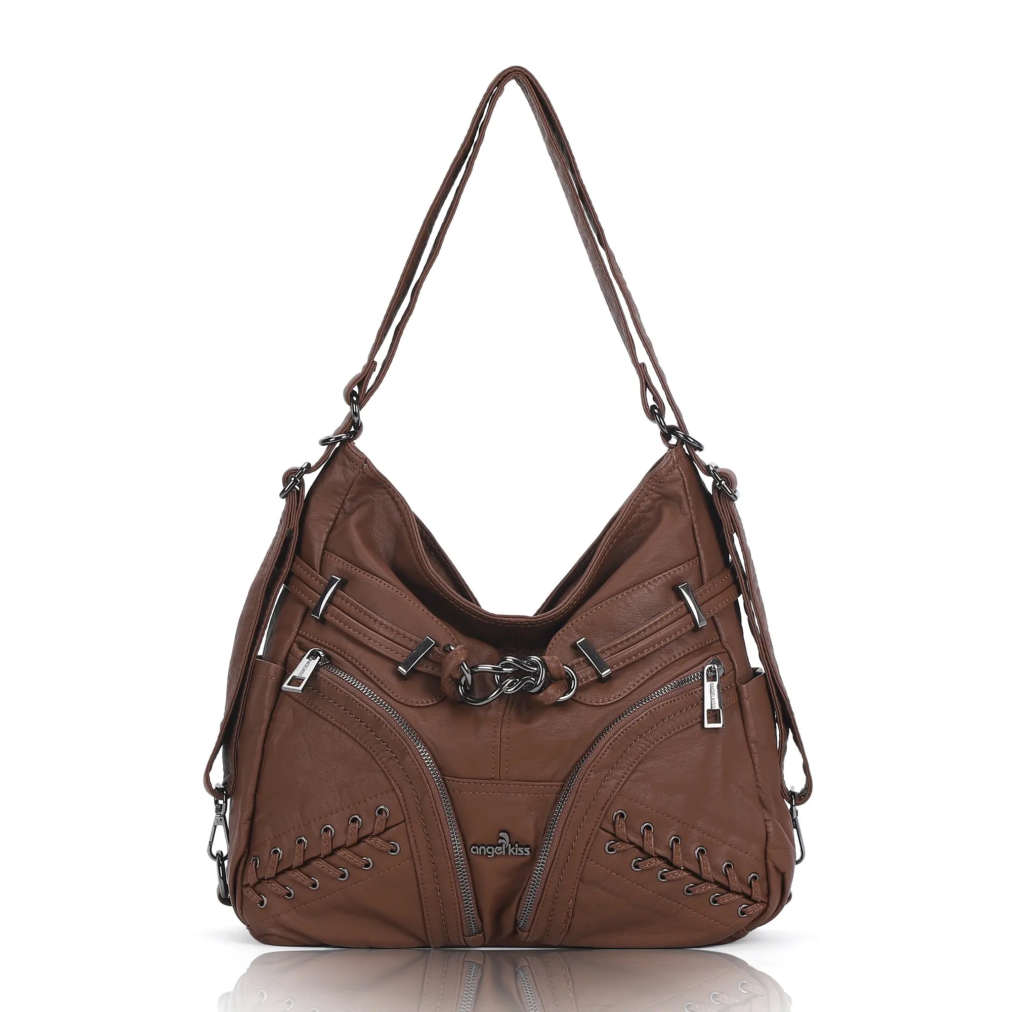 Angelkiss Vintage PU Leather Multi-Pocket Shoulder Handbag